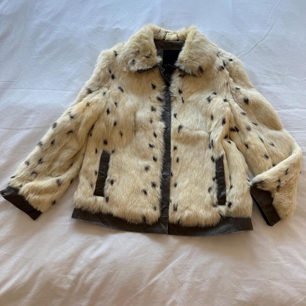Cream black spotted real rabbit fur jacket